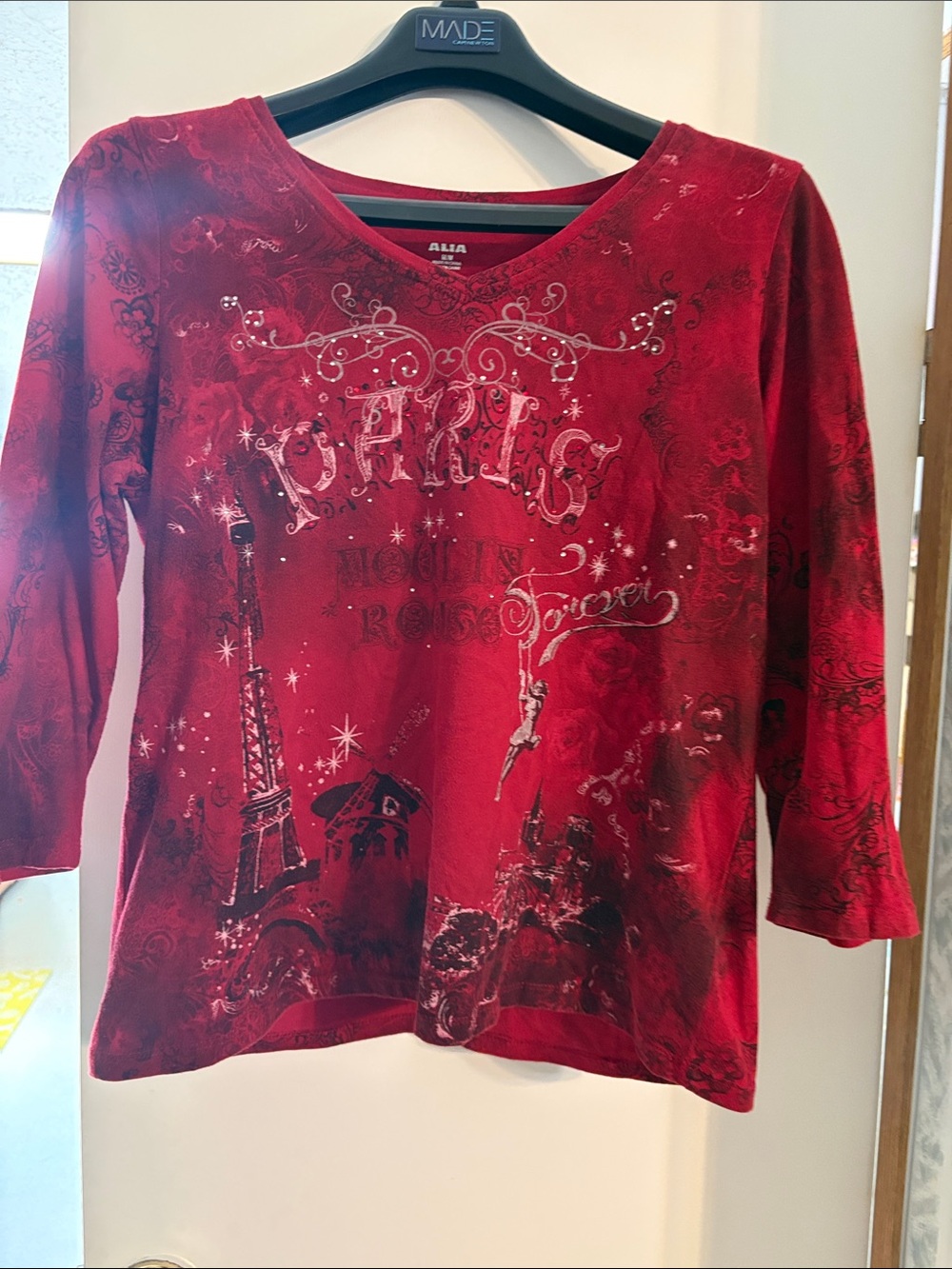Alia Red Paris Graphic V-Neck Long Sleeve Top with Rhinestone Detail